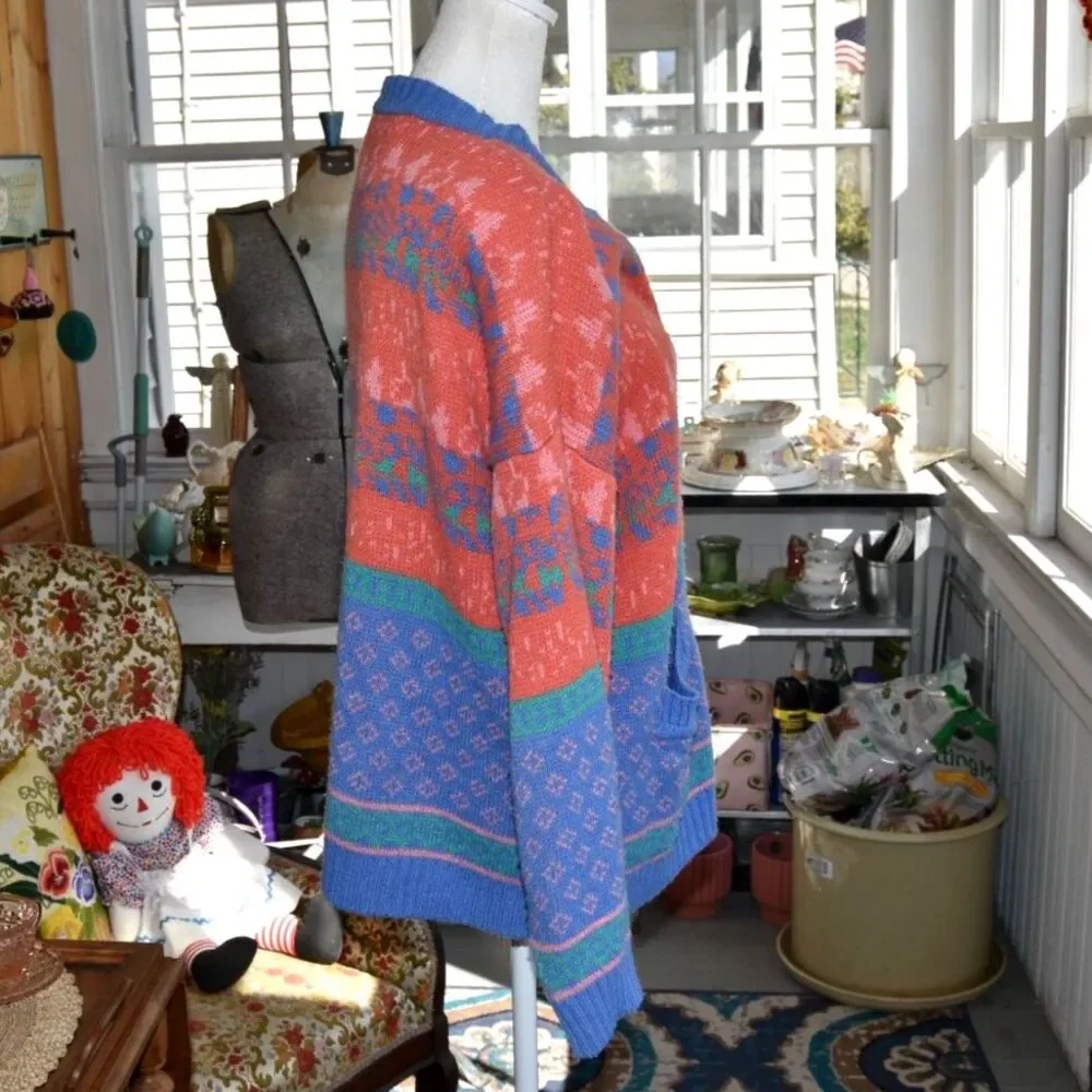 Vintage 90s Lindsay Gray Knit Cardigan Oversized Colorblock Grandpa M